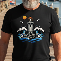 Load image into Gallery viewer, Lighthouse Tattoo Shirt American Traditional Coastal Wave Tee
